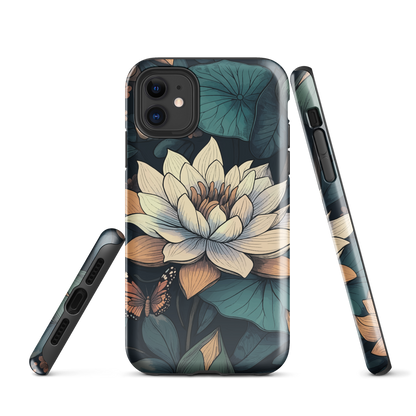 Phone case with ivory water lily, green leaves, and butterfly accents on dark background