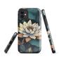 Phone case with ivory water lily, green leaves, and butterfly accents on dark background