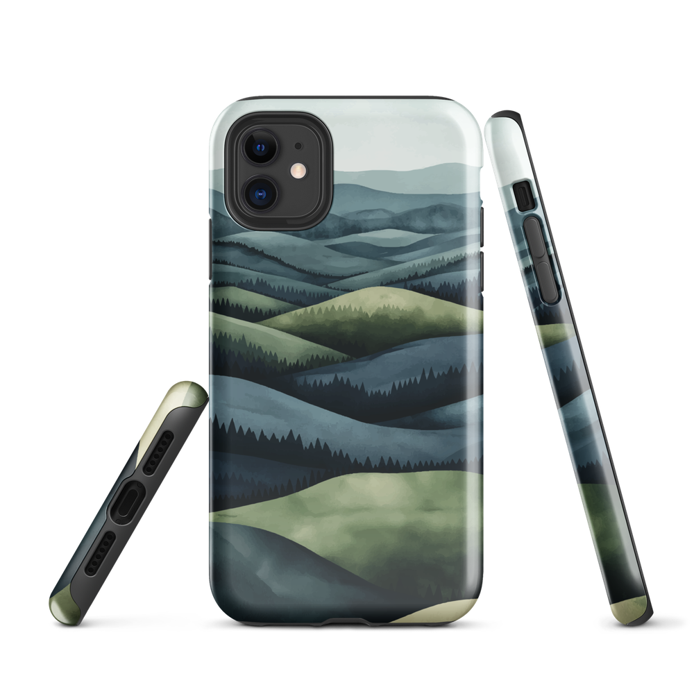 Phone case with layered mountain and forest landscape in blue and green hues