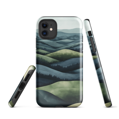 Phone case with layered mountain and forest landscape in blue and green hues
