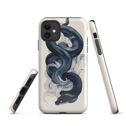 Phone case with black python and smoke design on cream background