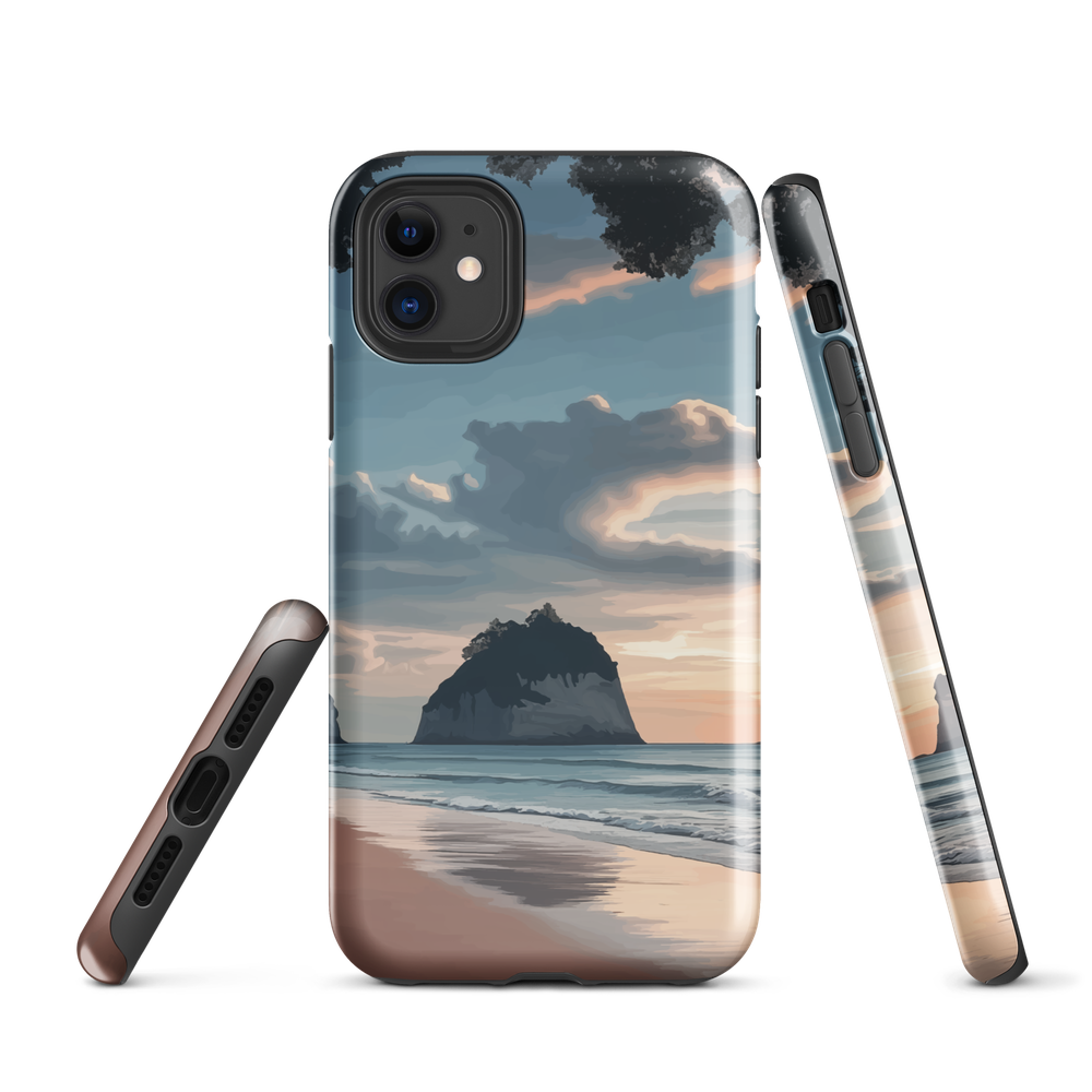 Phone case with Cathedral Cove beach and sunset scene, featuring soft skies and sea stack