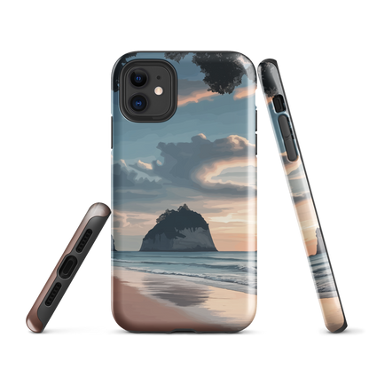Phone case with Cathedral Cove beach and sunset scene, featuring soft skies and sea stack