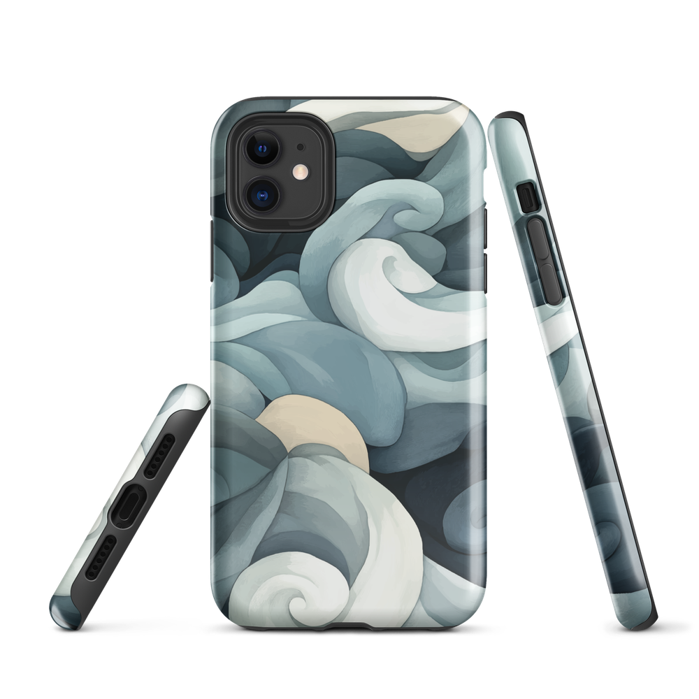 Phone case with abstract swirling ocean waves in blue and cream
