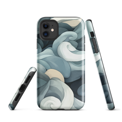 Phone case with abstract swirling ocean waves in blue and cream