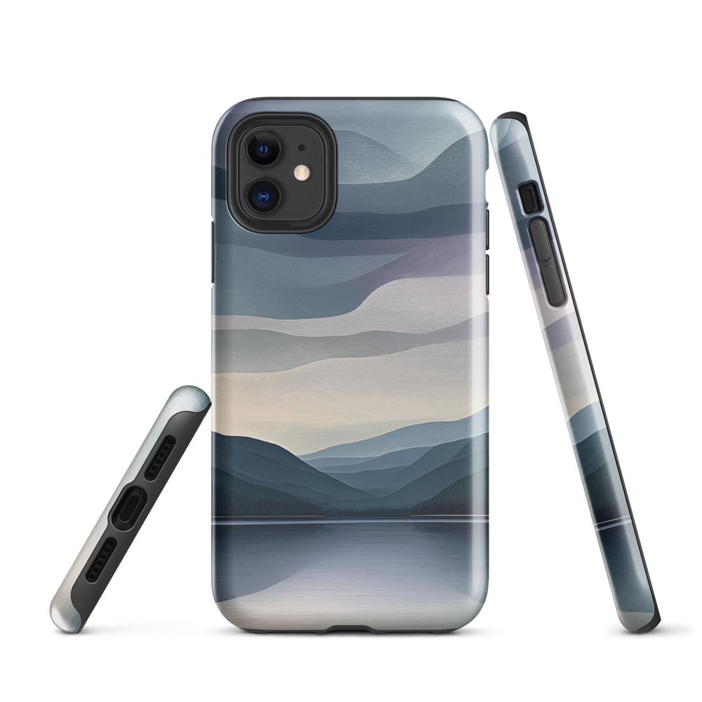 Phone case with moody blue and purple layered mountain and lake landscape artwork