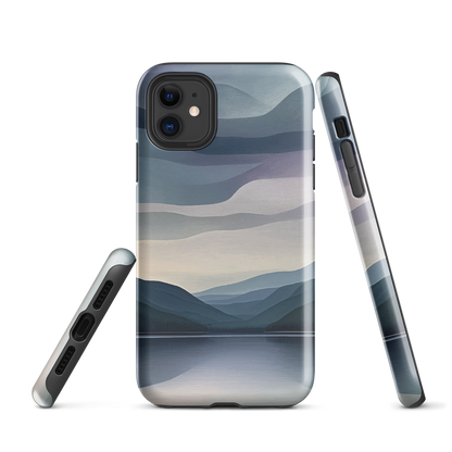 Phone case with moody blue and purple layered mountain and lake landscape artwork