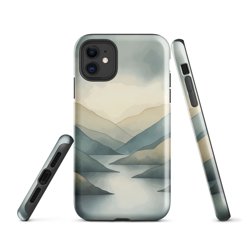Phone case with soft mountain and valley design in misty green, blue, and golden tones