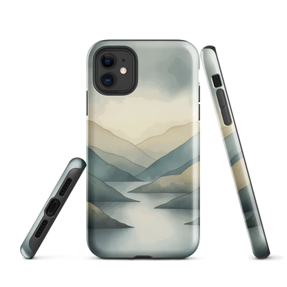 Phone case with soft mountain and valley design in misty green, blue, and golden tones