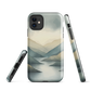 Phone case with soft mountain and valley design in misty green, blue, and golden tones