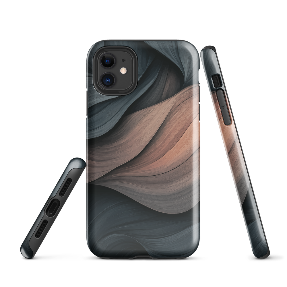 Phone case with flowing abstract design in black, copper and charcoal tones, inspired by dusk shadows