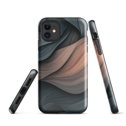 Phone case with flowing abstract design in black, copper and charcoal tones, inspired by dusk shadows