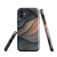 Phone case with flowing abstract design in black, copper and charcoal tones, inspired by dusk shadows