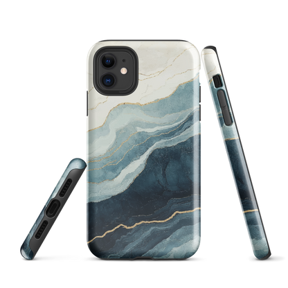 An elegant abstract phone case inspired by layered coastal forms in blue and teal tones.