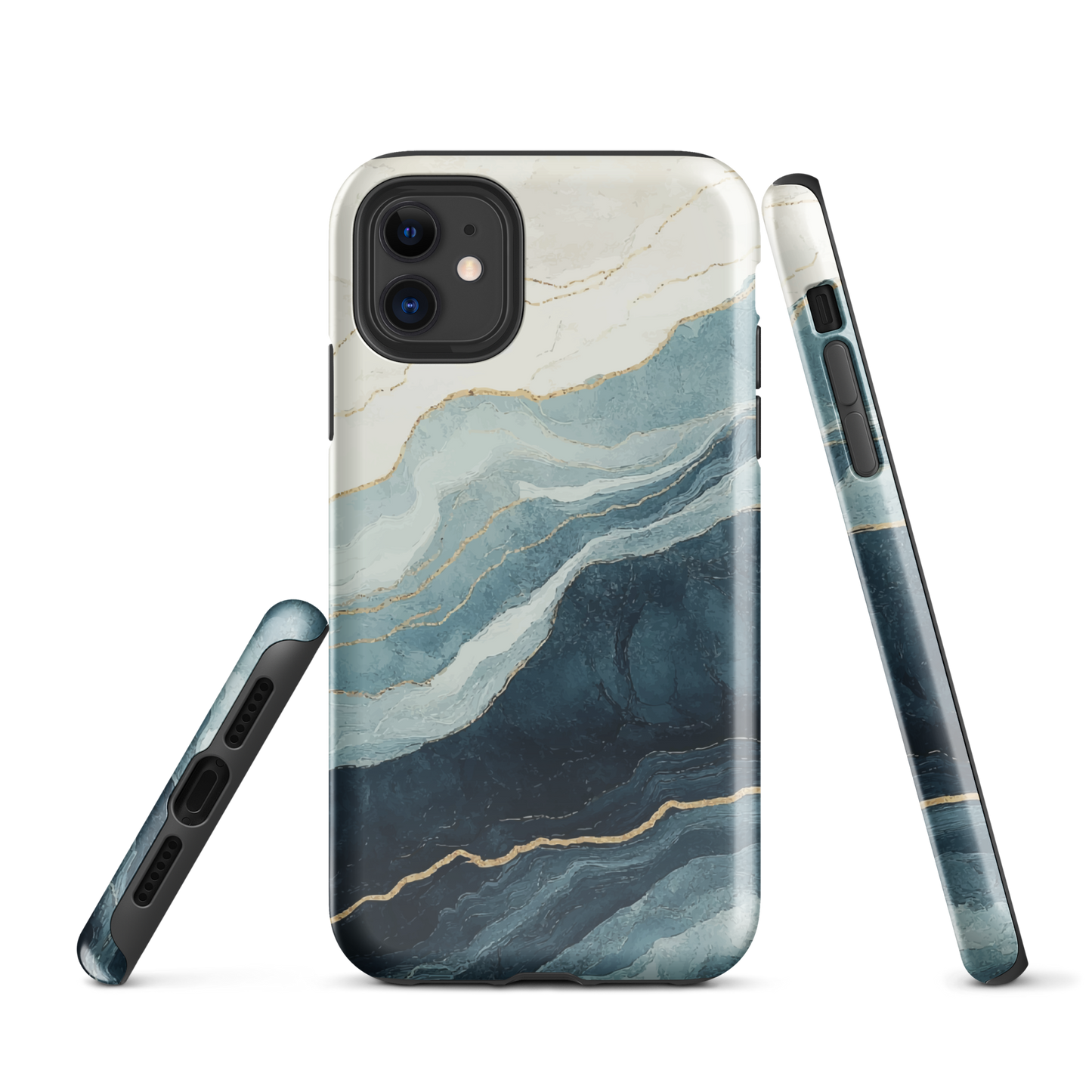 An elegant abstract phone case inspired by layered coastal forms in blue and teal tones.