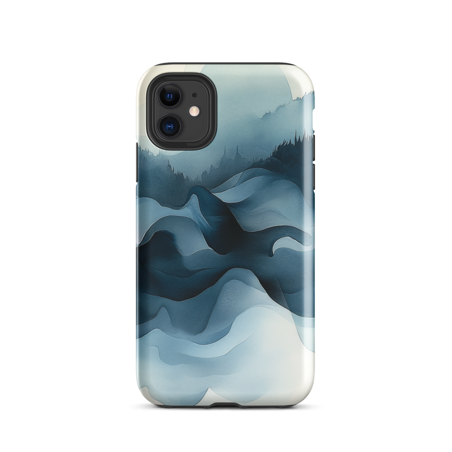 A calming abstract landscape protective phone case inspired by quiet valleys and soft blue tones.