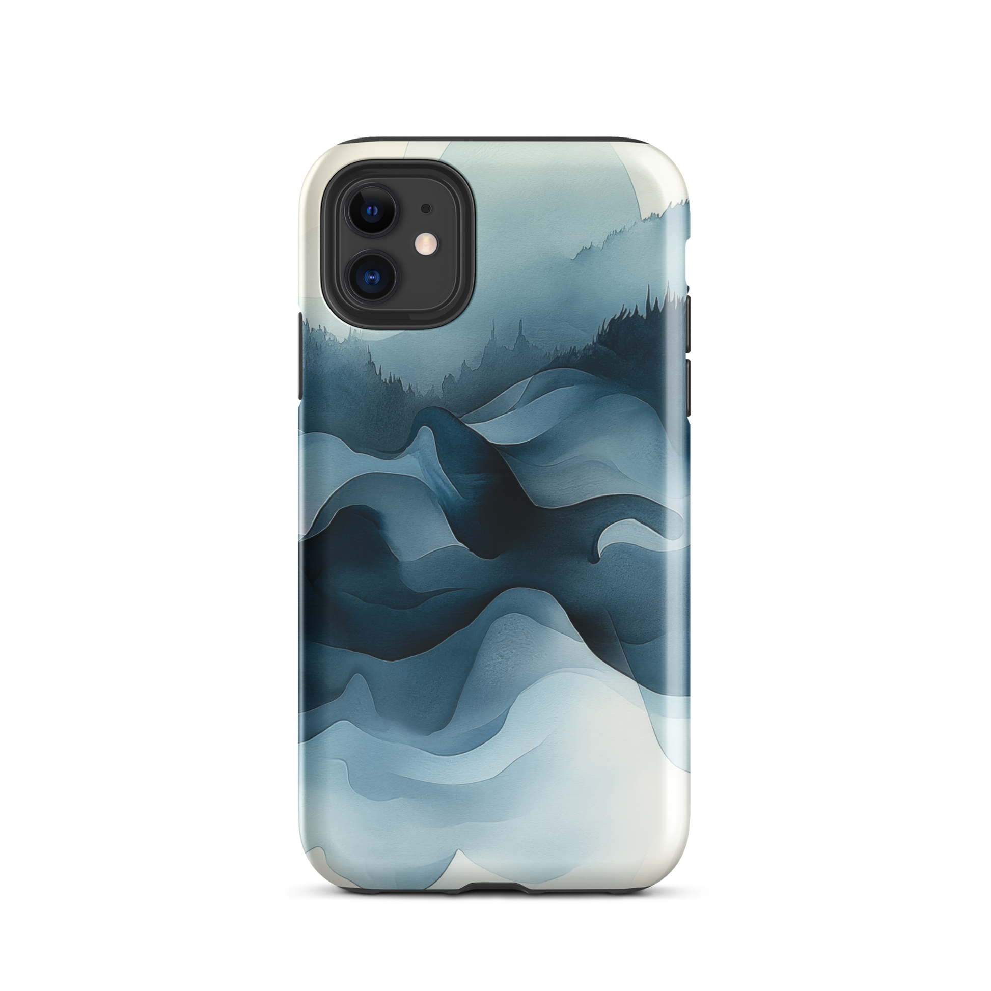 A calming abstract landscape protective phone case inspired by quiet valleys and soft blue tones.