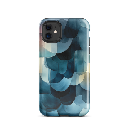 A modern abstract phone case featuring layered blue forms and soft flowing shapes.