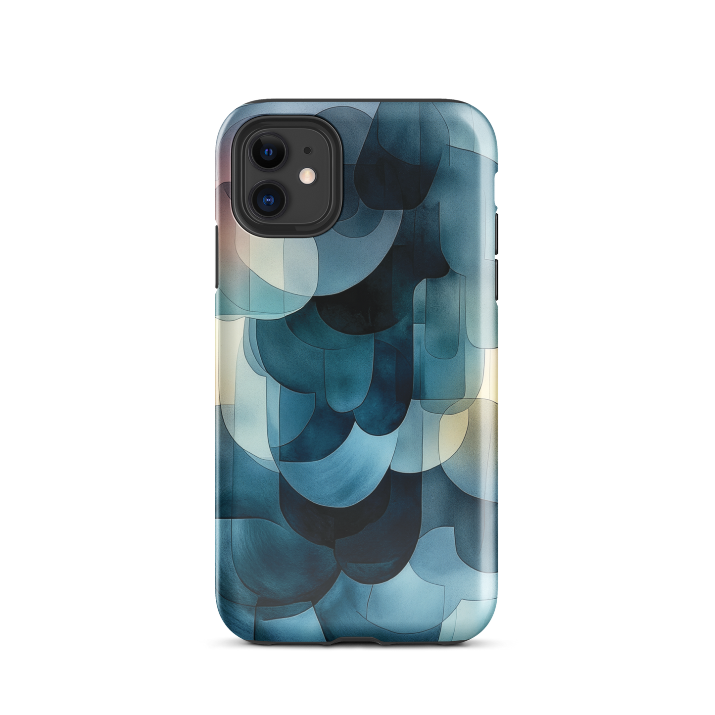 A modern abstract phone case featuring layered blue forms and soft flowing shapes.