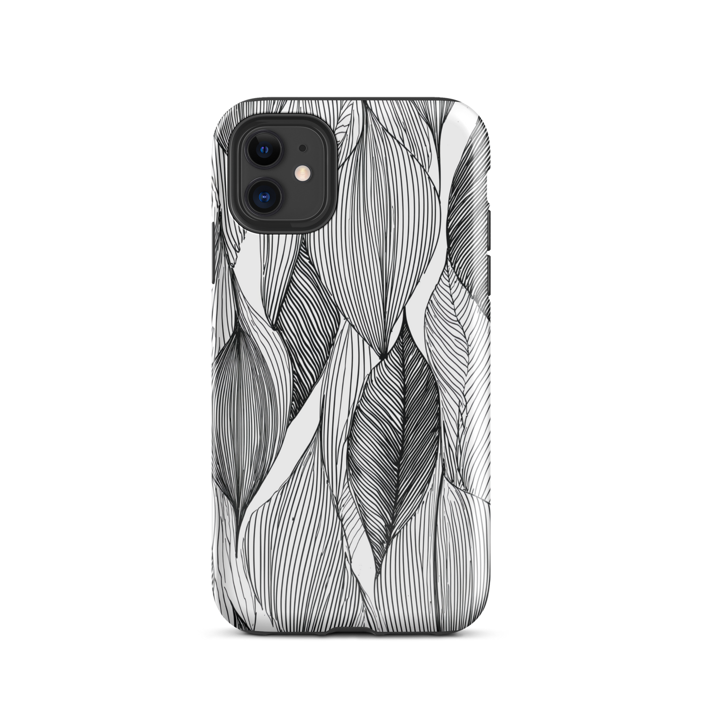 A minimalist phone case featuring fine black botanical linework in a repeating leaf pattern.