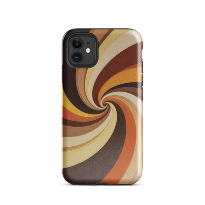 A retro-inspired phone case featuring warm swirling patterns in orange, yellow, and brown tones.
