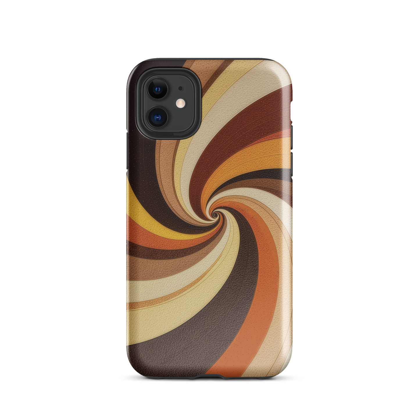 A retro-inspired phone case featuring warm swirling patterns in orange, yellow, and brown tones.