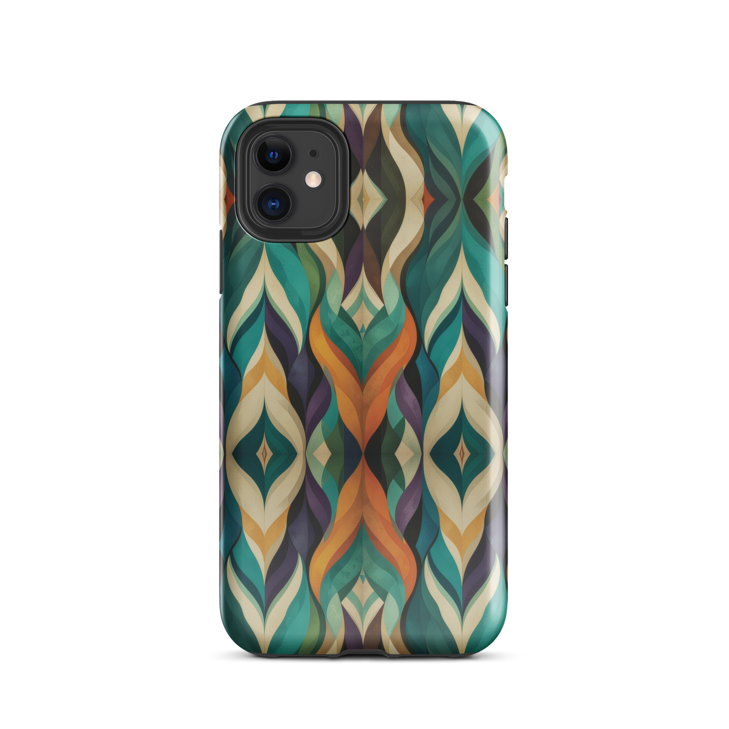 A bold geometric phone case featuring layered shapes in rich, earthy tones.
