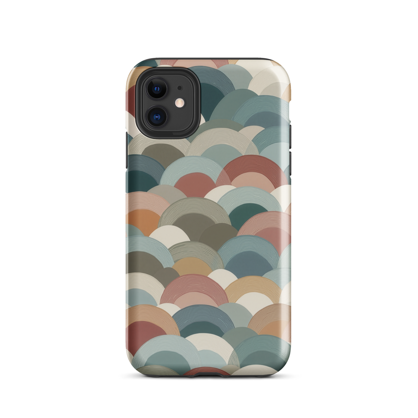 A soft retro-inspired phone case featuring layered arc shapes in warm, earthy tones.