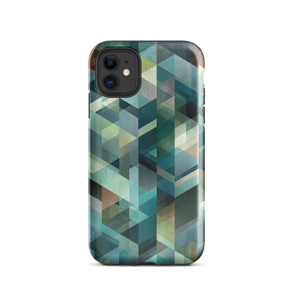 Modern abstract geometric phone case in teal and blue tones with layered retro-inspired shapes.