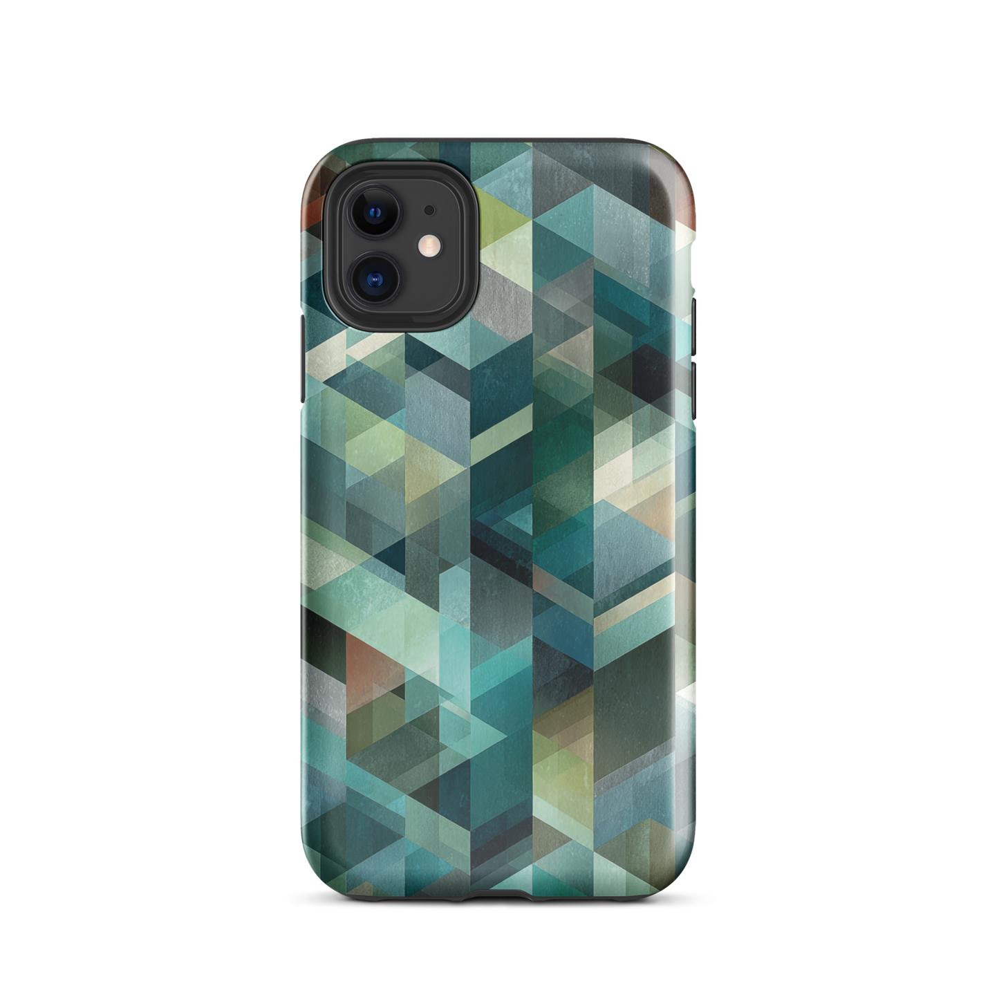 Modern abstract geometric phone case in teal and blue tones with layered retro-inspired shapes.