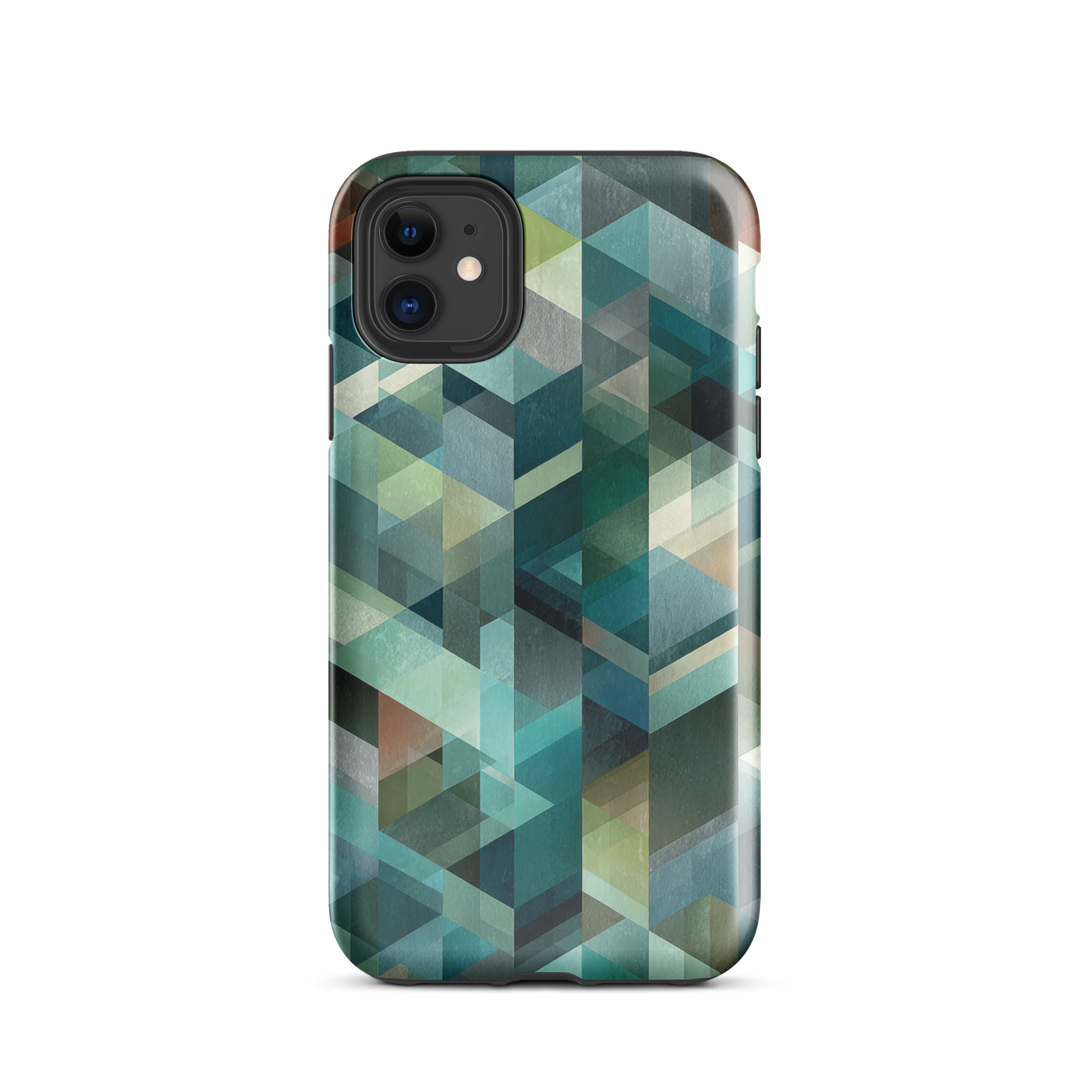 Modern abstract geometric phone case in teal and blue tones with layered retro-inspired shapes.