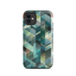 Modern abstract geometric phone case in teal and blue tones with layered retro-inspired shapes.