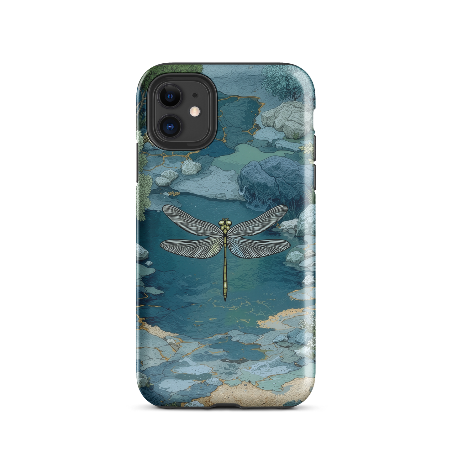 Nature-inspired phone case featuring a dragonfly over calm water with blue and green forest tones.