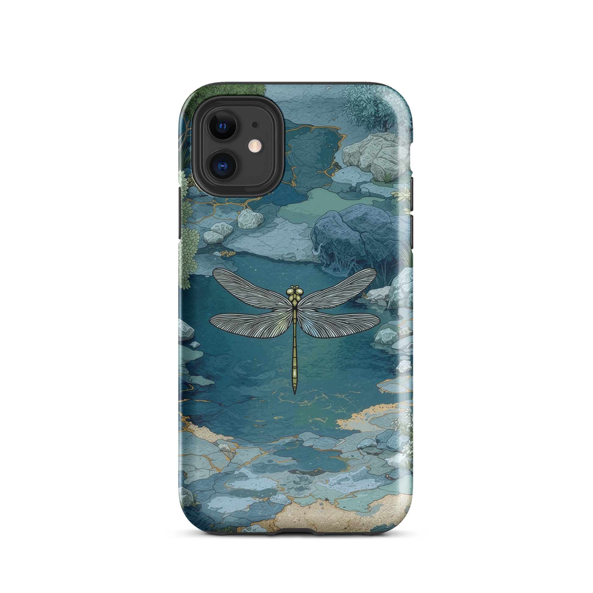 Nature-inspired phone case featuring a dragonfly over calm water with blue and green forest tones.