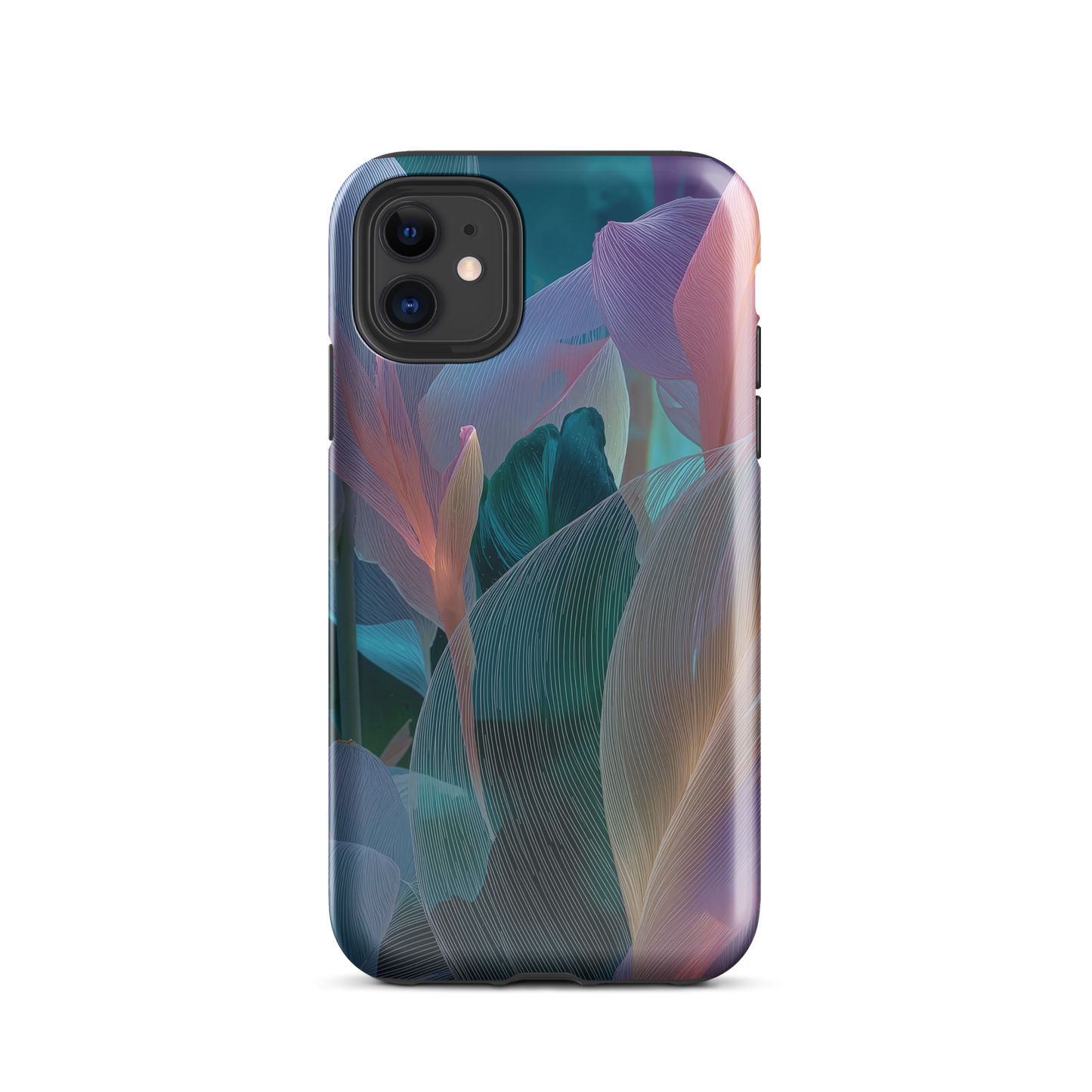 Abstract pastel botanical designer phone case in pink, lilac and teal tones with soft flowing floral textures