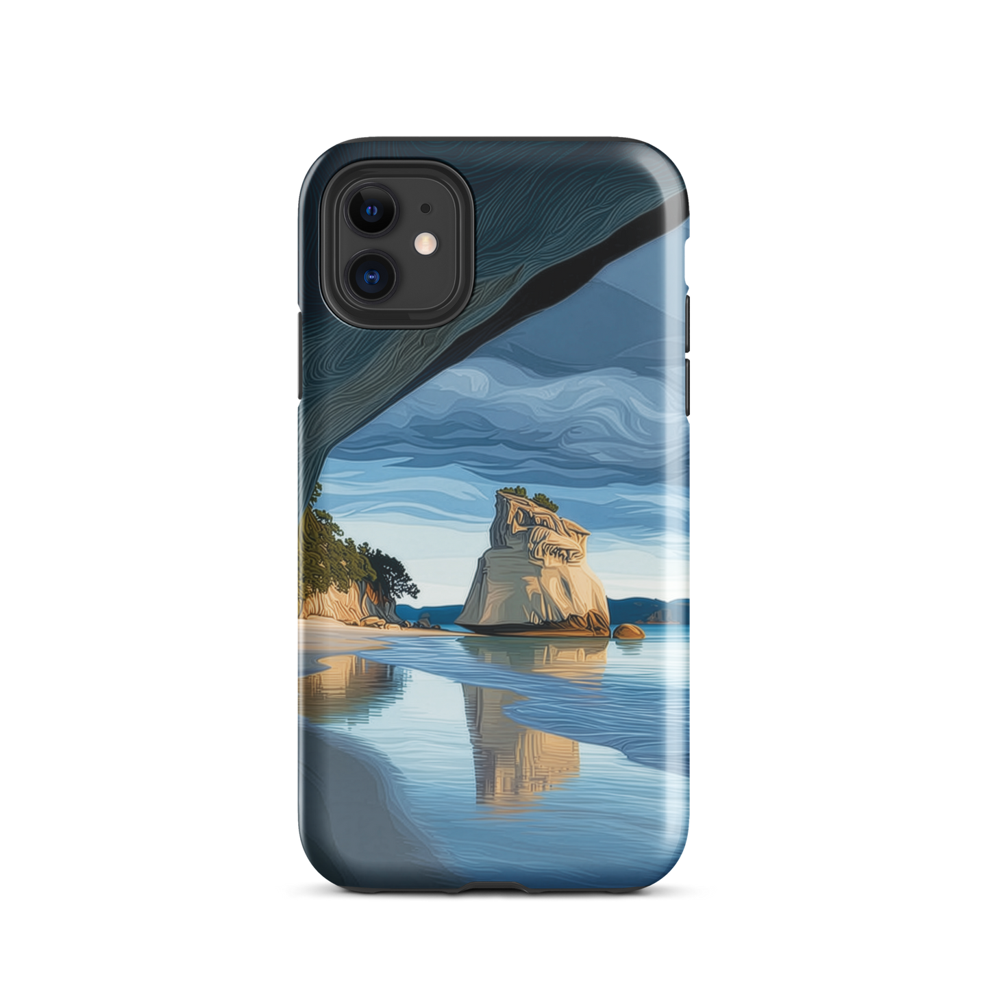 Artistic Cathedral Cove coastal designer phone case with arch rock, blue ocean and golden cliffs