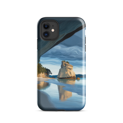 Artistic Cathedral Cove coastal designer phone case with arch rock, blue ocean and golden cliffs