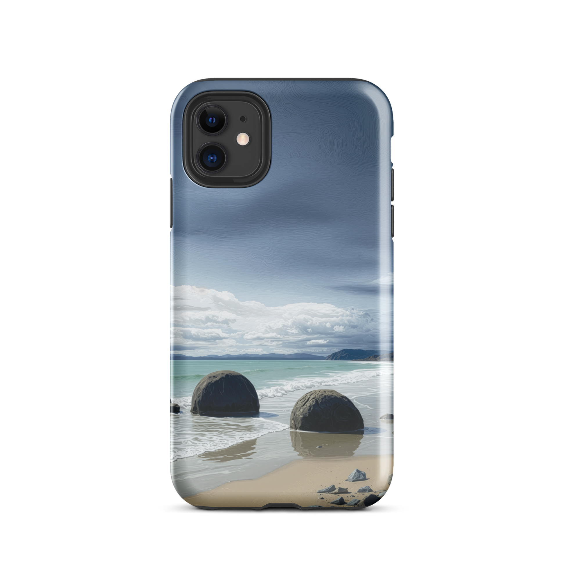 Moeraki Boulders coastal designer phone case with ocean waves and dramatic NZ sky