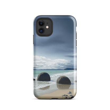 Moeraki Boulders coastal designer phone case with ocean waves and dramatic NZ sky
