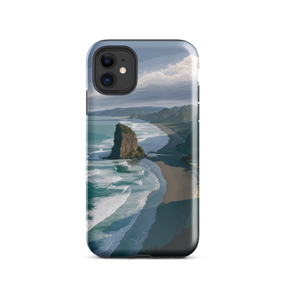 Piha Beach Lion Rock designer phone case with turquoise waves and dramatic NZ coastline