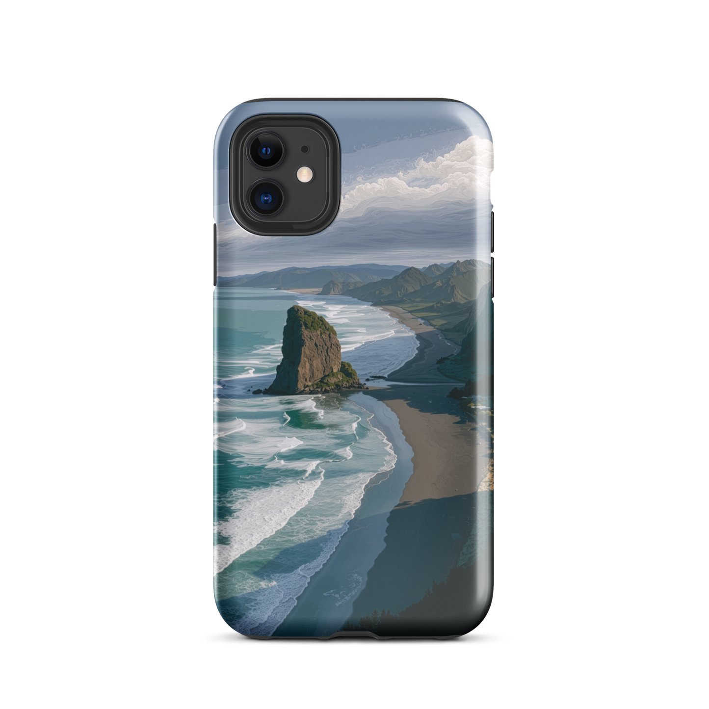 Piha Beach Lion Rock designer phone case with turquoise waves and dramatic NZ coastline
