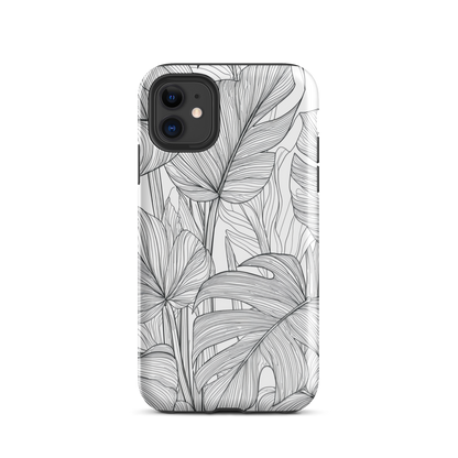 Minimal black and white tropical leaf designer phone case with detailed botanical line art