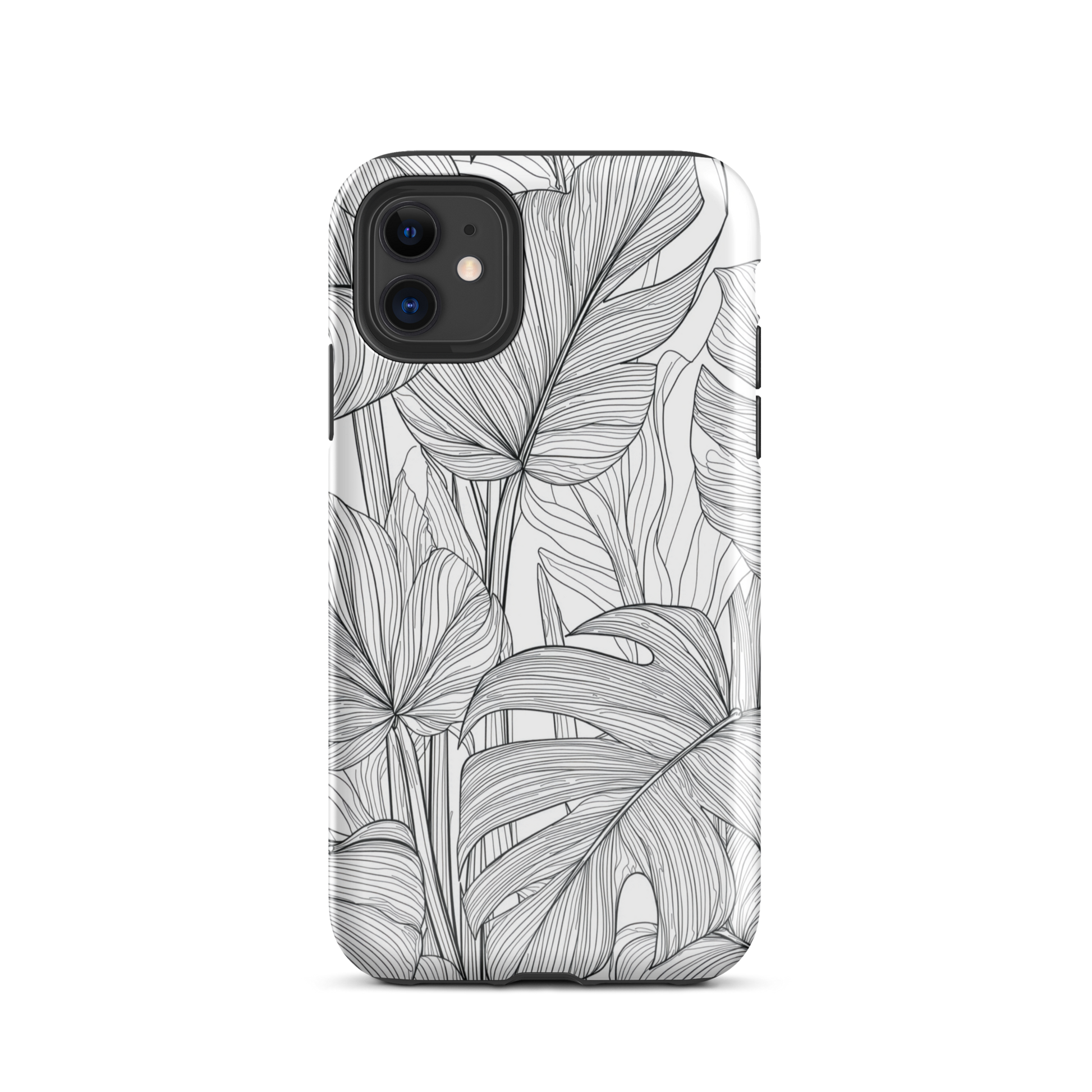 Minimal black and white tropical leaf designer phone case with detailed botanical line art