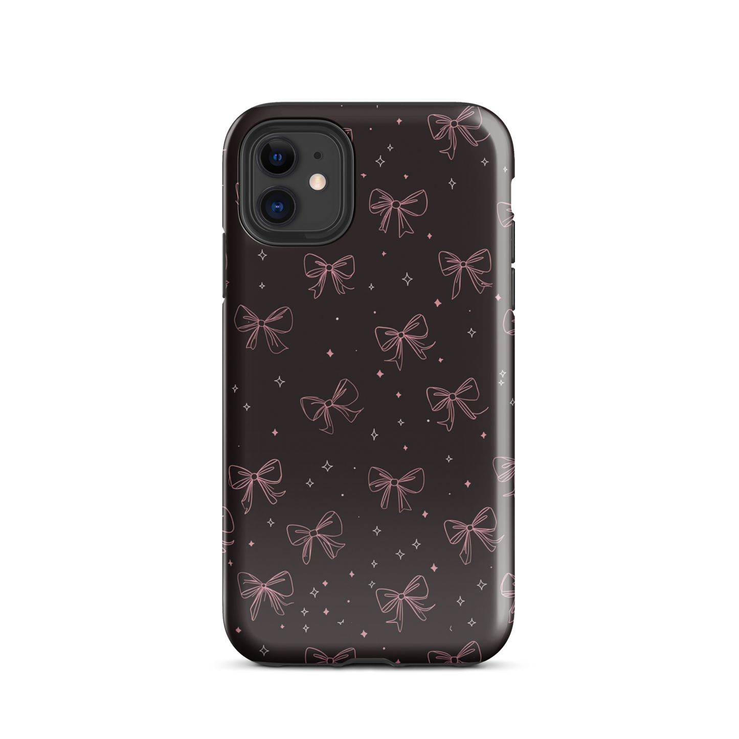 Midnight Bow seamless repeat pattern — pink hand-drawn ribbon bows and sparkle stars on a black background
