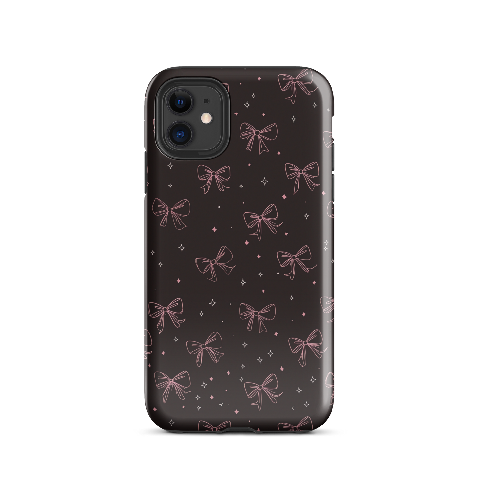 Midnight Bow seamless repeat pattern — pink hand-drawn ribbon bows and sparkle stars on a black background