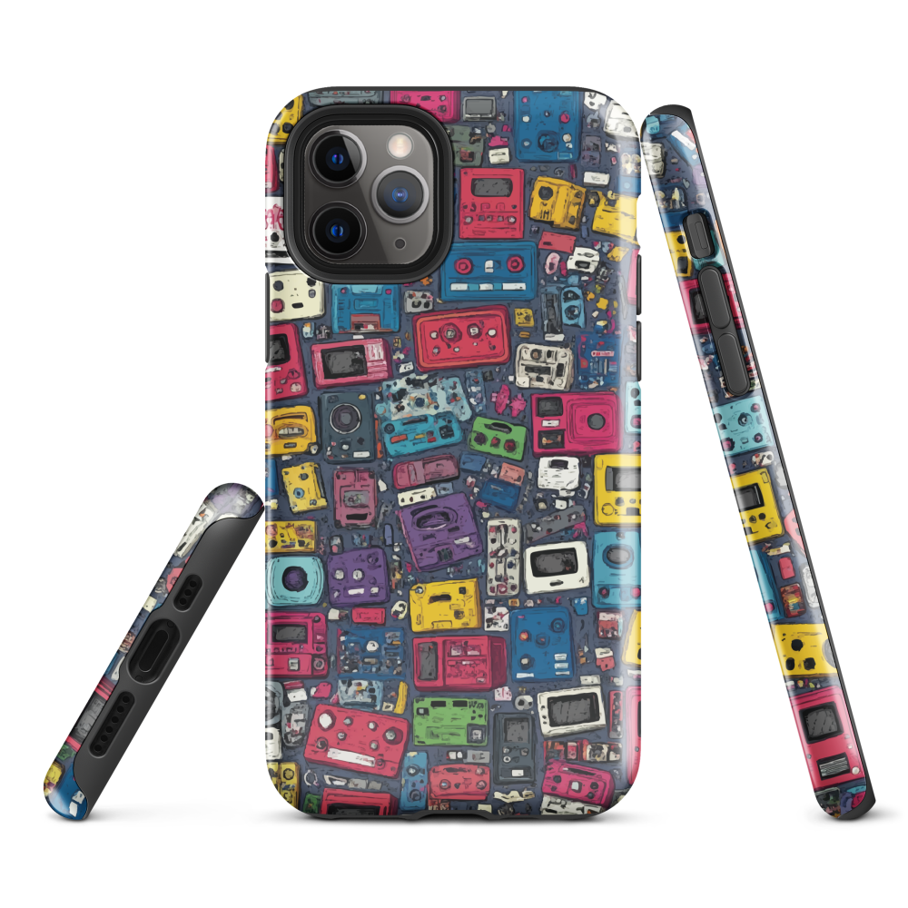 'Arcade' iPhone case, featuring a vibrant collage of hand-drawn controllers in bold, vintage-inspired colours. From electric blue and hot pink to classic black and yellow