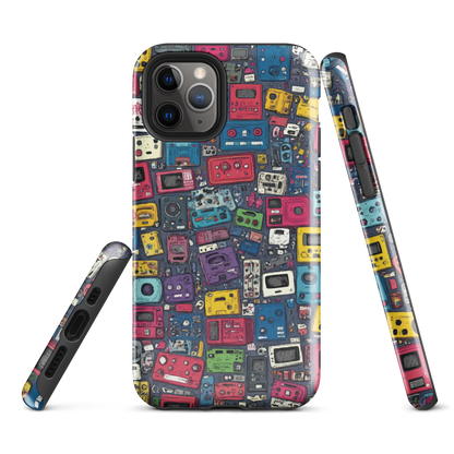 'Arcade' iPhone case, featuring a vibrant collage of hand-drawn controllers in bold, vintage-inspired colours. From electric blue and hot pink to classic black and yellow