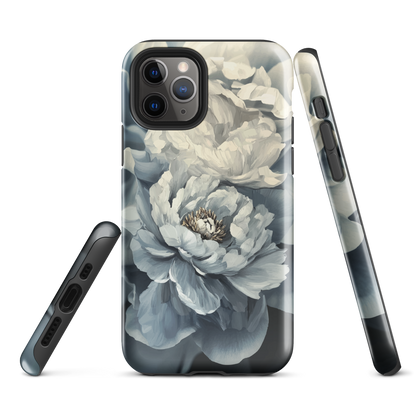 'Whisper' iPhone case features a stunning close-up of softly painted peony blooms in dreamy shades of ivory, grey, and smoky blue.