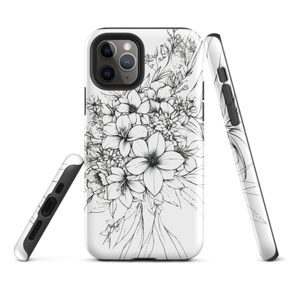 Black and white floral phone case with hand-drawn lilies and wildflowers