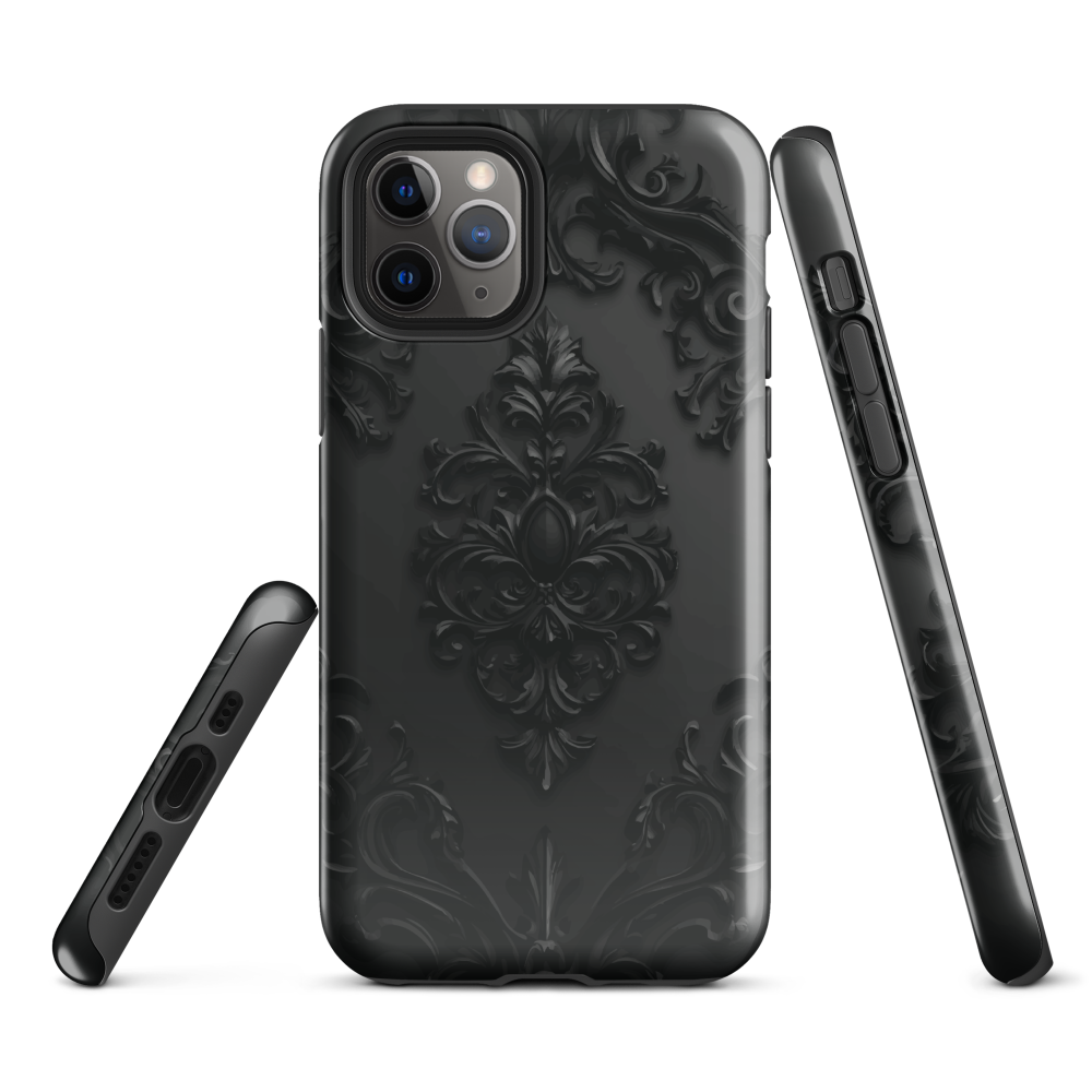 Black embossed damask phone case with gothic baroque pattern.